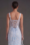 Blue Floral Sheath Thick Straps Corset Ruched Midi Beach Wedding Guest Dress
