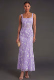 Blue Floral Sheath Thick Straps Corset Ruched Midi Beach Wedding Guest Dress