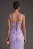 Blue Floral Sheath Thick Straps Corset Ruched Midi Beach Wedding Guest Dress
