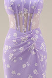 Blue Floral Sheath Thick Straps Corset Ruched Midi Beach Wedding Guest Dress