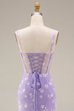 Blue Floral Sheath Thick Straps Corset Ruched Midi Beach Wedding Guest Dress