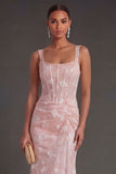 Blue Floral Sheath Thick Straps Corset Ruched Midi Beach Wedding Guest Dress