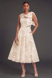 Blue Floral A Line Appliqued Midi Beach Wedding Guest Dress with Bow