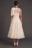 Blue Floral A Line Appliqued Midi Beach Wedding Guest Dress with Bow