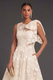 Blue Floral A Line Appliqued Midi Beach Wedding Guest Dress with Bow