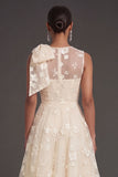 Blue Floral A Line Appliqued Midi Beach Wedding Guest Dress with Bow