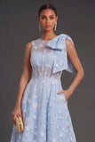 Blue Floral A Line Appliqued Midi Beach Wedding Guest Dress with Bow