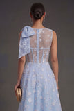 Blue Floral A Line Appliqued Midi Beach Wedding Guest Dress with Bow