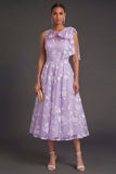 Blue Floral A Line Appliqued Midi Beach Wedding Guest Dress with Bow