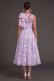 Blue Floral A Line Appliqued Midi Beach Wedding Guest Dress with Bow