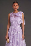 Blue Floral A Line Appliqued Midi Beach Wedding Guest Dress with Bow