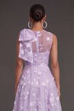Blue Floral A Line Appliqued Midi Beach Wedding Guest Dress with Bow
