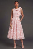 Blue Floral A Line Appliqued Midi Beach Wedding Guest Dress with Bow