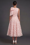 Blue Floral A Line Appliqued Midi Beach Wedding Guest Dress with Bow