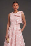 Blue Floral A Line Appliqued Midi Beach Wedding Guest Dress with Bow