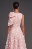 Blue Floral A Line Appliqued Midi Beach Wedding Guest Dress with Bow