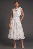 White Floral A Line Appliqued Midi Engagement Dress with Bow