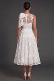 Blue Floral A Line Appliqued Midi Beach Wedding Guest Dress with Bow