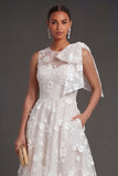 Blue Floral A Line Appliqued Midi Beach Wedding Guest Dress with Bow