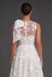 Blue Floral A Line Appliqued Midi Beach Wedding Guest Dress with Bow