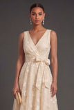 A Line Floral White V Neck Ruched Midi Beach Engagement Dress