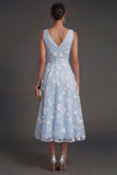 A Line Floral White V Neck Ruched Midi Beach Engagement Dress