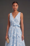A Line Floral White V Neck Ruched Midi Beach Engagement Dress