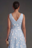 A Line Floral White V Neck Ruched Midi Beach Engagement Dress