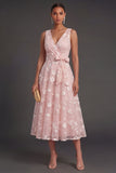 A Line Floral White V Neck Ruched Midi Beach Engagement Dress