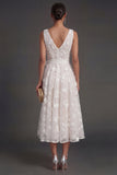A Line Floral White V Neck Ruched Midi Beach Engagement Dress