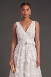 A Line Floral White V Neck Ruched Midi Beach Engagement Dress