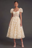 Blue Floral Corset Puff Sleeves Midi Beach Wedding Guest Dress