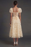 Blue Floral Corset Puff Sleeves Midi Beach Wedding Guest Dress