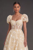 Blue Floral Corset Puff Sleeves Midi Beach Wedding Guest Dress