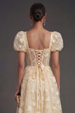 Blue Floral Corset Puff Sleeves Midi Beach Wedding Guest Dress