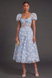 Blue Floral Corset Puff Sleeves Midi Beach Wedding Guest Dress