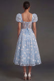 Blue Floral Corset Puff Sleeves Midi Beach Wedding Guest Dress