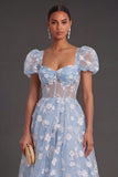 Blue Floral Corset Puff Sleeves Midi Beach Wedding Guest Dress
