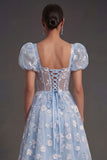Blue Floral Corset Puff Sleeves Midi Beach Wedding Guest Dress