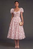 Blue Floral Corset Puff Sleeves Midi Beach Wedding Guest Dress