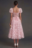 Blue Floral Corset Puff Sleeves Midi Beach Wedding Guest Dress