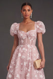 Blue Floral Corset Puff Sleeves Midi Beach Wedding Guest Dress