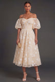 Lilac Floral Appliqued Off the Shoulder Midi Beach Wedding Guest Dress