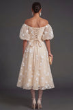 Lilac Floral Appliqued Off the Shoulder Midi Beach Wedding Guest Dress