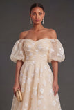 Lilac Floral Appliqued Off the Shoulder Midi Beach Wedding Guest Dress