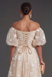 Lilac Floral Appliqued Off the Shoulder Midi Beach Wedding Guest Dress