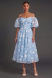 Lilac Floral Appliqued Off the Shoulder Midi Beach Wedding Guest Dress