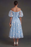 Lilac Floral Appliqued Off the Shoulder Midi Beach Wedding Guest Dress
