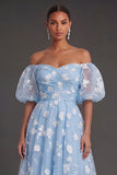 Lilac Floral Appliqued Off the Shoulder Midi Beach Wedding Guest Dress