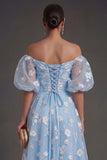 Lilac Floral Appliqued Off the Shoulder Midi Beach Wedding Guest Dress